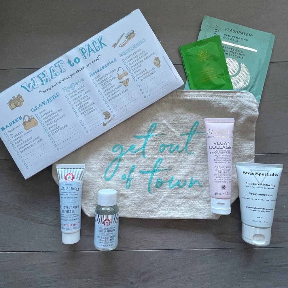 NWT Get Out of Town Bundle: Travel Pouch, Skincare Minis, Packing Guide
